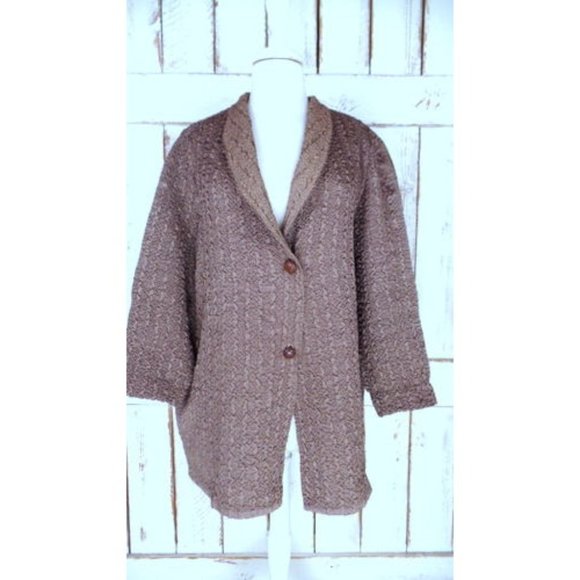 Vintage taupe beige brown crinkle oversized cardigan shirt top - Picture 2 of 7